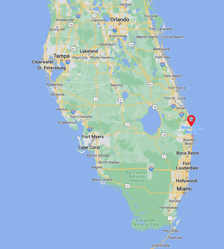 Map of Florida, US, pinging West Palm Beach